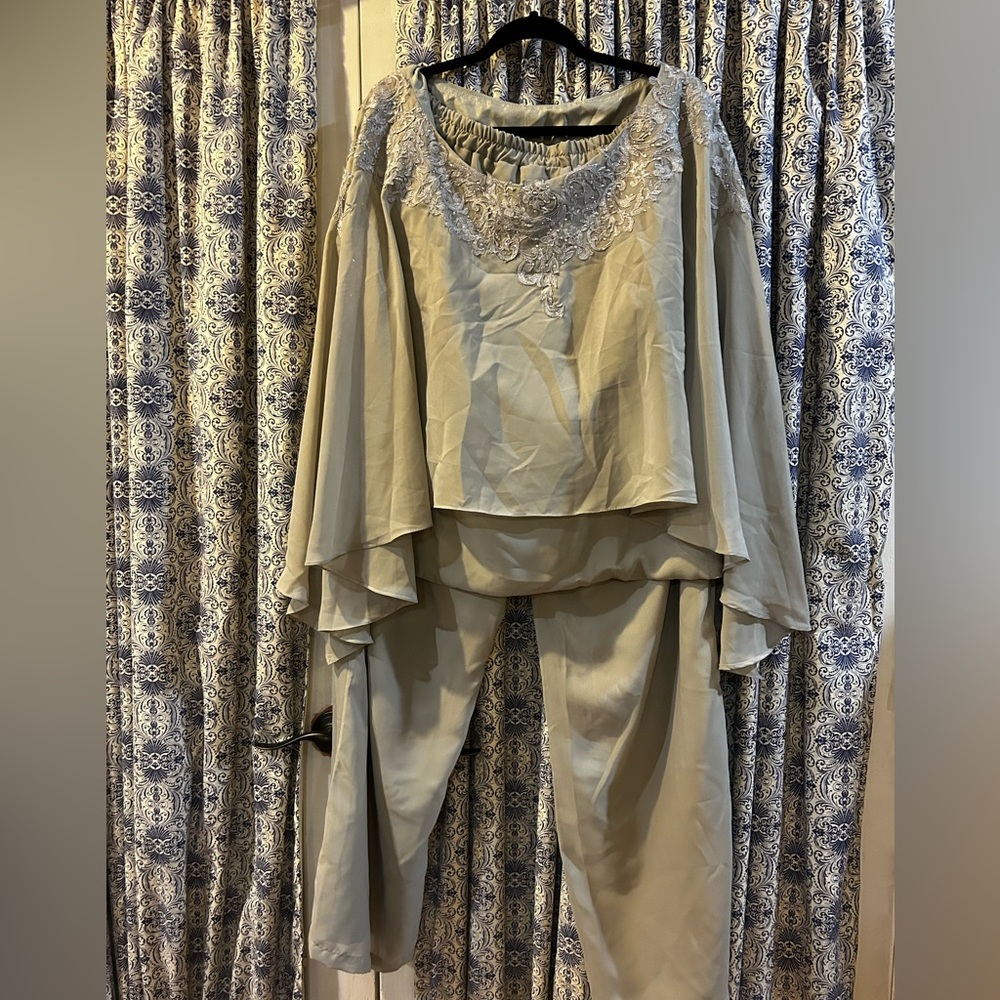 Sage colored mother/grandmother of the bride pantsuit.